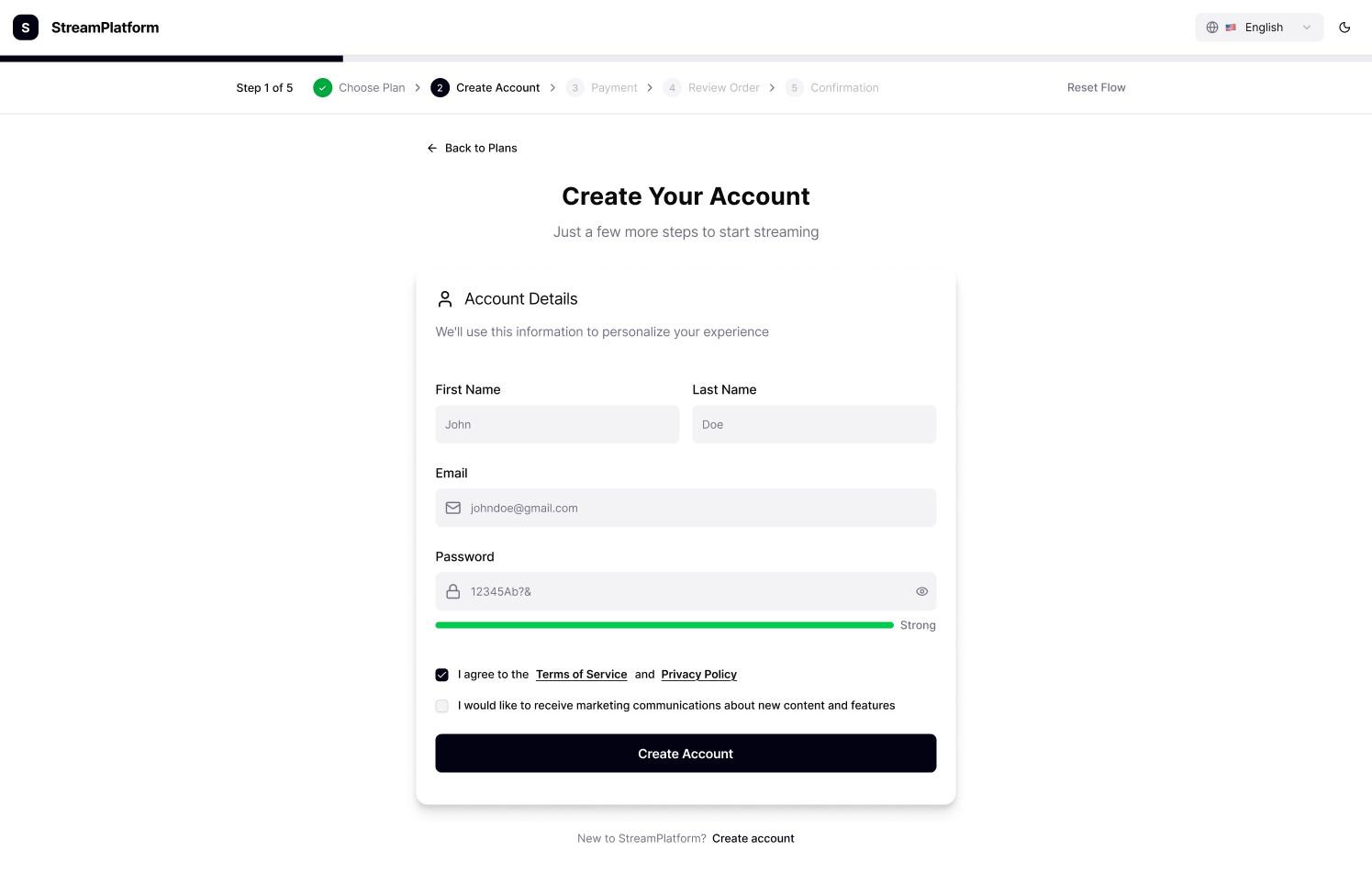 Create Account 5 Light